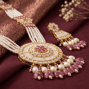 Ensemble de collier de mariage traditionnel en cuivre plaqué or avec perles d'imitation vert menthe et rose superposées, et boucles d'oreilles assorties - Product Image 2