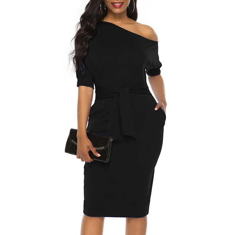 Elegant Short Sleeve Single Room Leaky Shoulder Belt Mid Length Formal Business Cocktail Dress