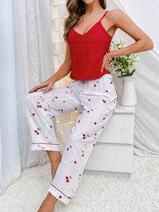 Conjunto de Pijama con Estampado de Cerezas <span class=keywords><strong>para</strong></span> <span class=keywords><strong>Mujer</strong></span>, Camisola en Contraste y <span class=keywords><strong>Pantalones</strong></span> Estampados, Ropa de Dormir Fresca <span class=keywords><strong>para</strong></span> Verano - Product Image 4