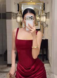 OEM Custom Women Elegant Burgundy Square Neck Ruched Satin Mini Dress Sleeveless <b>Spaghetti</b> <b>Strap</b> Sexy Bodycon Party Cocktail - Product Image 3