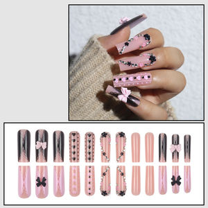 Nuevo diseño Mini flor negra prensa larga francesa en <span class=keywords><strong>uñas</strong></span> lazo rosa <span class=keywords><strong>con</strong></span> diamantes de imitación <span class=keywords><strong>uñas</strong></span> artificiales 24 piezas caja - Product Image 2
