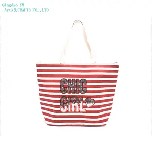 Factory Shoulder Tote Handbags women Beach Bag Strip Pattern Cotton band embroidered Sequin craft paper bag