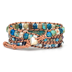 Braccialetti avvolgenti in pelle di lusso Bling Blue Heart Opal <span class=keywords><strong>Jaspers</strong></span> 3 fili braccialetto dichiarazione gioielli bohémien fatti a mano Bijoux - Product Image 2