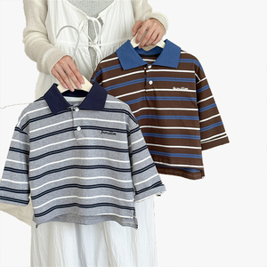 Nouveau style automne 2026 – T-shirt rayé à revers pour enfants, garçons et filles, avec blocs de couleur, polyvalent, motif lettre, manches longues - Product Image 4