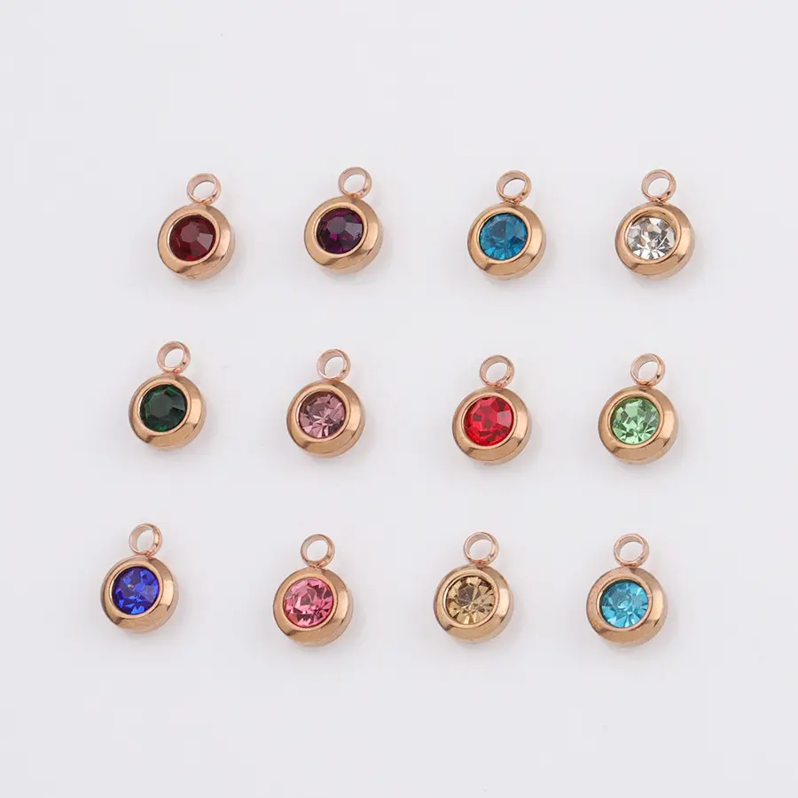 6.5MM Crystal Stainless Steel Round Birthstone Charms Pendant For DIY Necklace Bracelets Jewelry Making Rose Gold Plated Jewelry