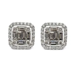 中国工厂珠宝顶级品质18k纯白金真钻石方形手工制作法棍耳钉女性