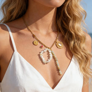 Stainless Steel Necklace With Natural Stone Beads <b>Compass</b> Pendant Vacation Style Y-Shaped <b>Chain</b> Casual Wear - Product Image 1