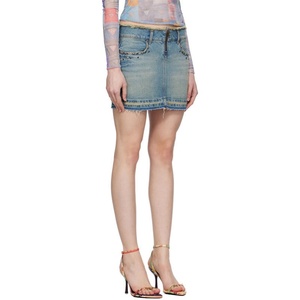 Moda mujer Mini faldas cortas Slim Chic bolsillo azul bordes deshilachados cintura estiramiento Denim Mini falda - Product Image 2