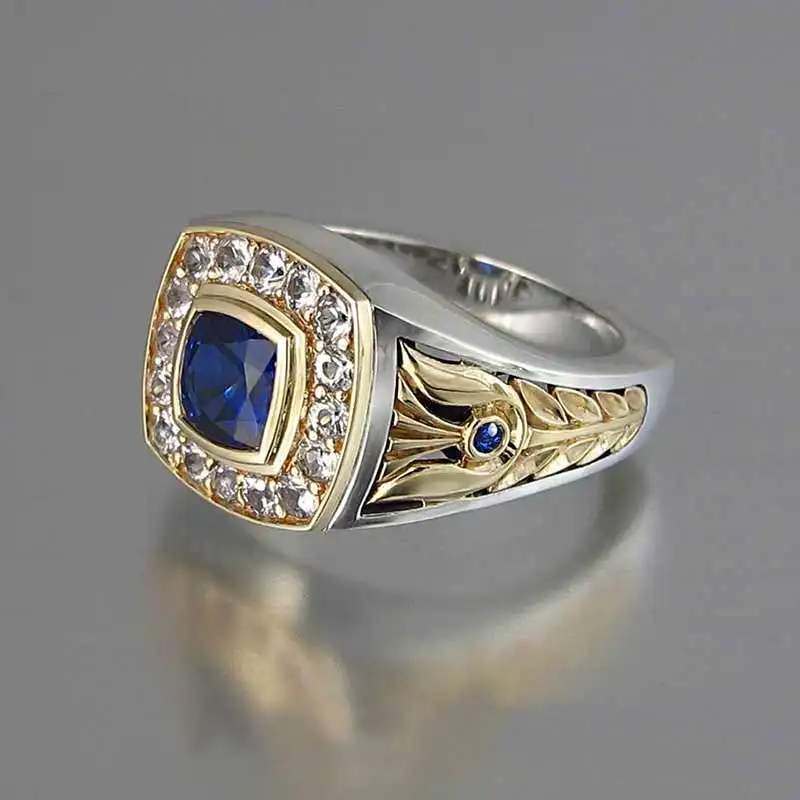 CAOSHI Channel Setting Blue CZ Blue Stone Mens Silver Gold Plated Engagement Wedding Square Ring