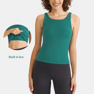 Venta al por mayor plus tamaño lino chalecos-DT138-Camiseta sin mangas de Yoga con espalda en U para mujer, con sujetador incorporado, chaleco de entrenamiento suave de alto impacto