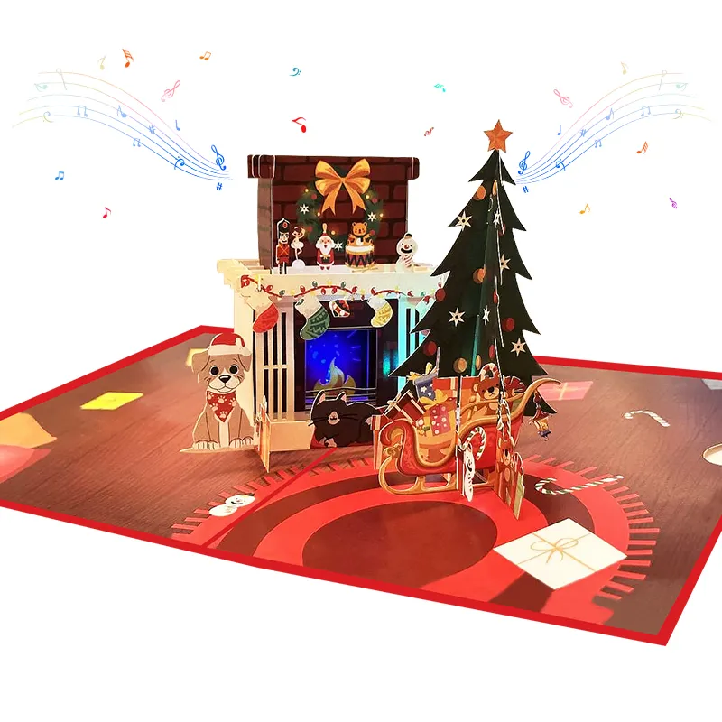 Atacado Personalizado Som Gravável Música 3d Pop Up Luxo Natal LED Luz Saudação Presente Cartões De Papel