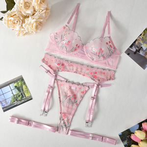 Ensemble de lingerie sexy en maille transparente avec broderie florale, ensemble de sous-vêtements pour femmes en 4 pièces, vente chaude - Product Image 6