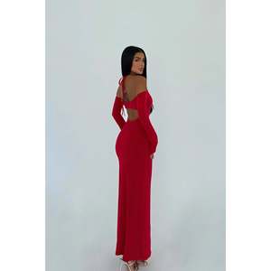 Vestido de Gala Rojo con Lentejuelas y Cintura Imperio para Mujer, de Manga Larga y Largo hasta el Suelo, Ideal para Bodas, Banquetes y Fiestas - Product Image 1