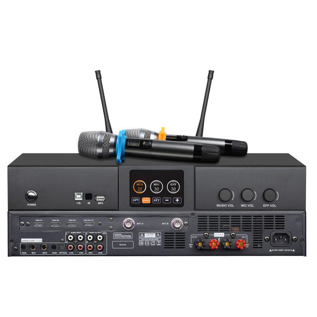 Professional 2-Channel 3-in-1 Karaoke Amplifier Class D Digital Music Sound System UHF Microphone DSP Echo Reverb for Home Use
