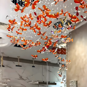 Lustre en verre artistique haut de gamme sur mesure pour plafonds ultra hauts, style <span class=keywords><strong>Tiffany</strong></span>, feuille d'érable, papillon, suspendu pour restaurants et hôtels - Product Image 4