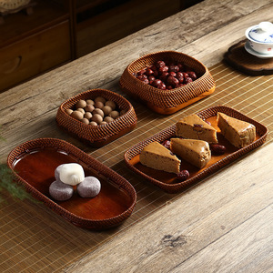 Japanese Style Rattan <b>Tea</b> <b>Tray</b> Handmade Lacquered Black Walnut Fruit Plate Creative Dessert <b>Tray</b> Desktop Storage Box Retro Style - Product Image 1