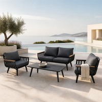 Ensemble de canapés d'extérieur modernes gris foncé et blanc en aluminium avec accoudoirs en bois et coussins imperméables pour patio, jardin, restaurant, salon