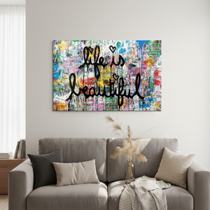 Affiche sur toile « La vie est belle » style graffiti - Impression murale colorée d'art urbain, toile encollée - Product Image 3