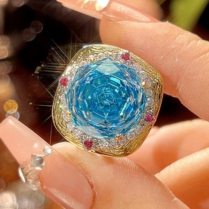 Fashion Eco-friendly Copper Rose Cut 18-14mm Sea Blue Cubic Zirconia Jewelry Set <b>Delicate</b> Pendant Earrings Ring Set for Women - Product Image 4