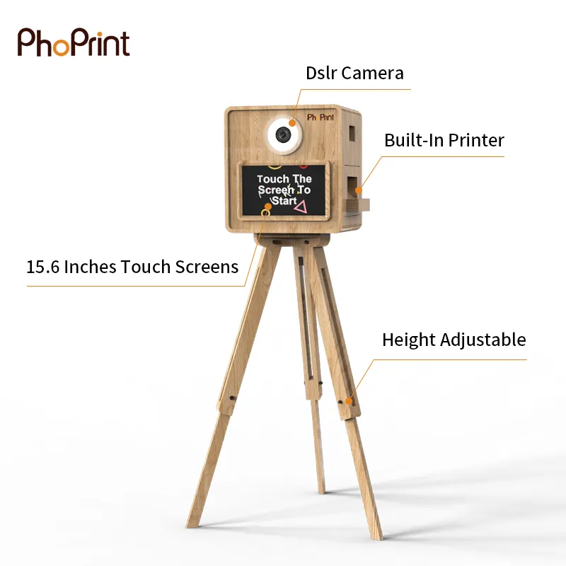 कैमरे के साथ पोर्टेबल 15.6 इंच टच स्क्रीन इंस्टेंट प्रिंट लकड़ी का डीएसएलआर फोटो बूथ