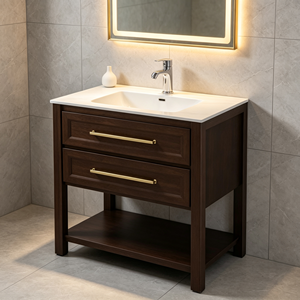 Mueble de Baño Moderno con Gabinete de Madera de Nogal Oscuro de 30 Pulgadas, Diseño de Pie, Espejo LED, Lavabo de Cerámica y Desagüe de Acero Inoxidable - Product Image 2