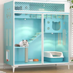 Villa pour chat en bois massif multicouche nid pour chaton cage pour chaton armoire pour chat style bleu sangle d'escalade pour chat vente en gros en ligne