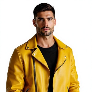 <b>Men's</b> <b>Yellow</b> Leather Motorcycle <b>Jacket</b> Zipper Turn Down Collar Windproof Moto Biker Coat High Quality <b>Men's</b> Leather <b>Jacket</b> - Product Image 4