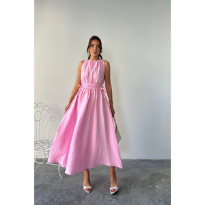 Robe maxi sans manches en mousseline rose, taille élastique, robe décontractée, taille S - Product Image 5