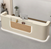 Comptoir d'accueil moderne et minimaliste en bois avec panneau encastré, éclairage LED inférieur, façade bicolore pour spa, salon, clinique