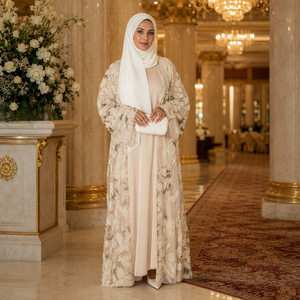 <span class=keywords><strong>Abaya</strong></span> di Lusso Personalizzata per Donne, Caftano Aperto con Fiori 3D, Paillettes e Perline, Vestito da Festa Ricamato Champagne, Set Musulmano 2 Pezzi, Produttore - Product Image 1