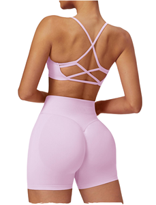 Custom Women's Solid Breathable Sports <b>Bra</b> Shorts Set <b>Halter</b> Strappy Crisscross Removable Cup Four-Way Stretch High - Product Image 1