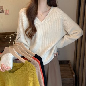 Maglione Pullover da Ragazza in Stile Coreano Morbido e Cucinato, Lavorato a <span class=keywords><strong>Maglia</strong></span>, Autunno Inverno, Vestibilità Ampia e Comoda, Scollo a V, Tinta Unita, Poliestere Spandex - Product Image 6