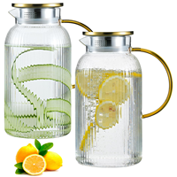 Carafe en verre borosilicate avec couvercle et poignée, 64 oz, rayures verticales, résistante à la chaleur, compatible lave-vaisselle et micro-ondes, écologique, moderne, tendance