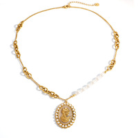 Collar SUMMLY con Colgante Ovalado de Oro de 18K, Cadena de Eslabones Mixtos con Perlas, Joyería Retro Elegante para Bodas y Uso Diario