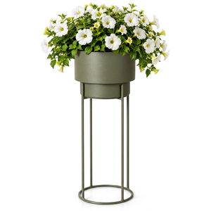 Jardinière moderne en métal vert olive avec support haut, pot de fleurs cylindrique blanc élégant pour l'intérieur et l'extérieur, jardin, maison - Product Image 1