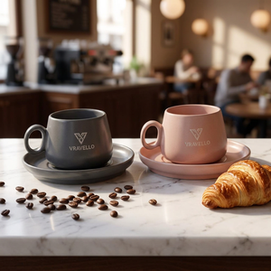 ชุดแก้วกาแฟเซรามิกคลาสสิกสีดำ/ชมพูขนาด 300 มล. พร้อมจานรอง สำหรับงานปาร์ตี้ ใช้ซ้ำได้ ปลอดภัยสำหรับเครื่องล้างจาน เป็นมิตรกับสิ่งแวดล้อม ผลิตจากจีน - Product Image 2