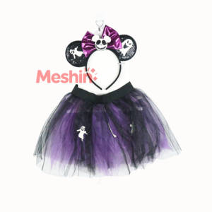Conjunto de Falda Tutú de Calavera Fantasma de Halloween para Niñas MS Kids, Diadema con Orejas de Ratón y Lazo, Disfraz de Cosplay de Tul Morado y Negro, Talla Única - Product Image 1