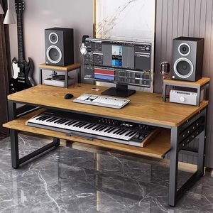 Bureau de studio de production musicale, <span class=keywords><strong>poste</strong></span> de travail <span class=keywords><strong>informatique</strong></span> multi-niveaux avec support pour clavier MIDI, cadre en bois et en métal - Product Image 1