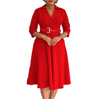 Robe pull mi-longue unie à revers en polyester, style A-line, nouvelle collection automne 2026 pour femmes européennes et américaines grandes tailles
