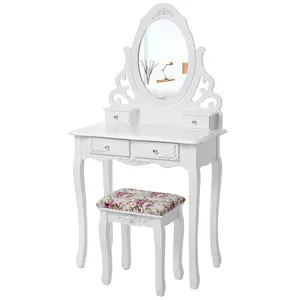 Set Bangku Meja Rias Putri dan Cermin Putar, Meja Rias Kamar Tidur Warna Putih