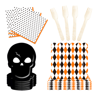DAMAI New Halloween Black Skull <b>Head</b> Rhombus Pattern Disposable Paper Plates Cups and Napkins for Halloween Party Supply - Product Image 3