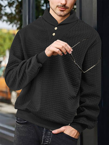 Suéter Masculino de Alta Qualidade com Gola Reversível em Malha Waffle, Pulôver com Botões, Gola Alta, Tecido Pesado, Roupas Streetwear para Homens - Product Image 3