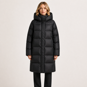 Manteau long à capuche unisexe pour femme, noir uni, imperméable, en polyester épais, coupe droite - Product Image 1