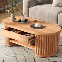 Table basse ovale cannelée moderne avec tiroirs de rangement, table centrale pour salon, petit espace, style ferme