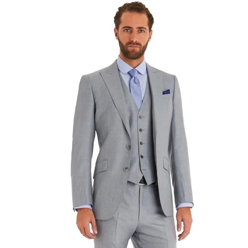 Light Gray Business Suits Men Two Buttons 3 Pieces Groom Wedding Suits Groomsmen Tuxedos Formal Party Wear