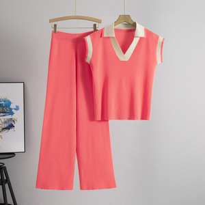 Women's New Loose Casual V-Neck Sleeveless Knit <b>Top</b> Pants 2 Piece Set Fashion - Product Image 5