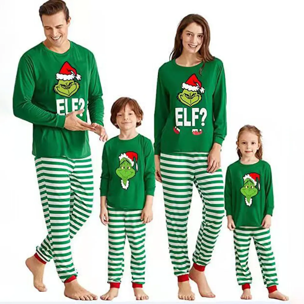 라운드 넥 크리스마스 테마 여성 남성 어린이 소녀 의상 잠옷 인쇄 녹색 줄무늬 가족 매칭 잠옷