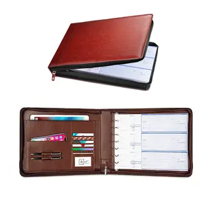 Professional PU Leather 7 Ring Check Binder Portfolio High Quality Checkbook Binder with Zippered Closure PU 7 Ring zip Binder