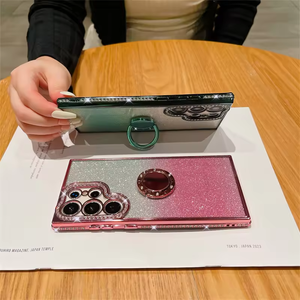 Funda de teléfono chapada con soporte de anillo de diamante de lujo para <span class=keywords><strong>SamsungS23</strong></span> Ultra S22 Plus S24Ultra, funda protectora de silicona suave para lente de cámara - Product Image 5