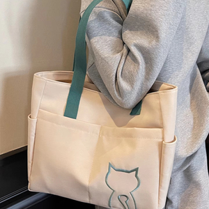 Wholesale Cat Embroidered Cotton Tote <b>Bag</b> with Canvas Handle Multi-Pocket Reusable Handbag Featuring Custom Logo Washable - Product Image 1